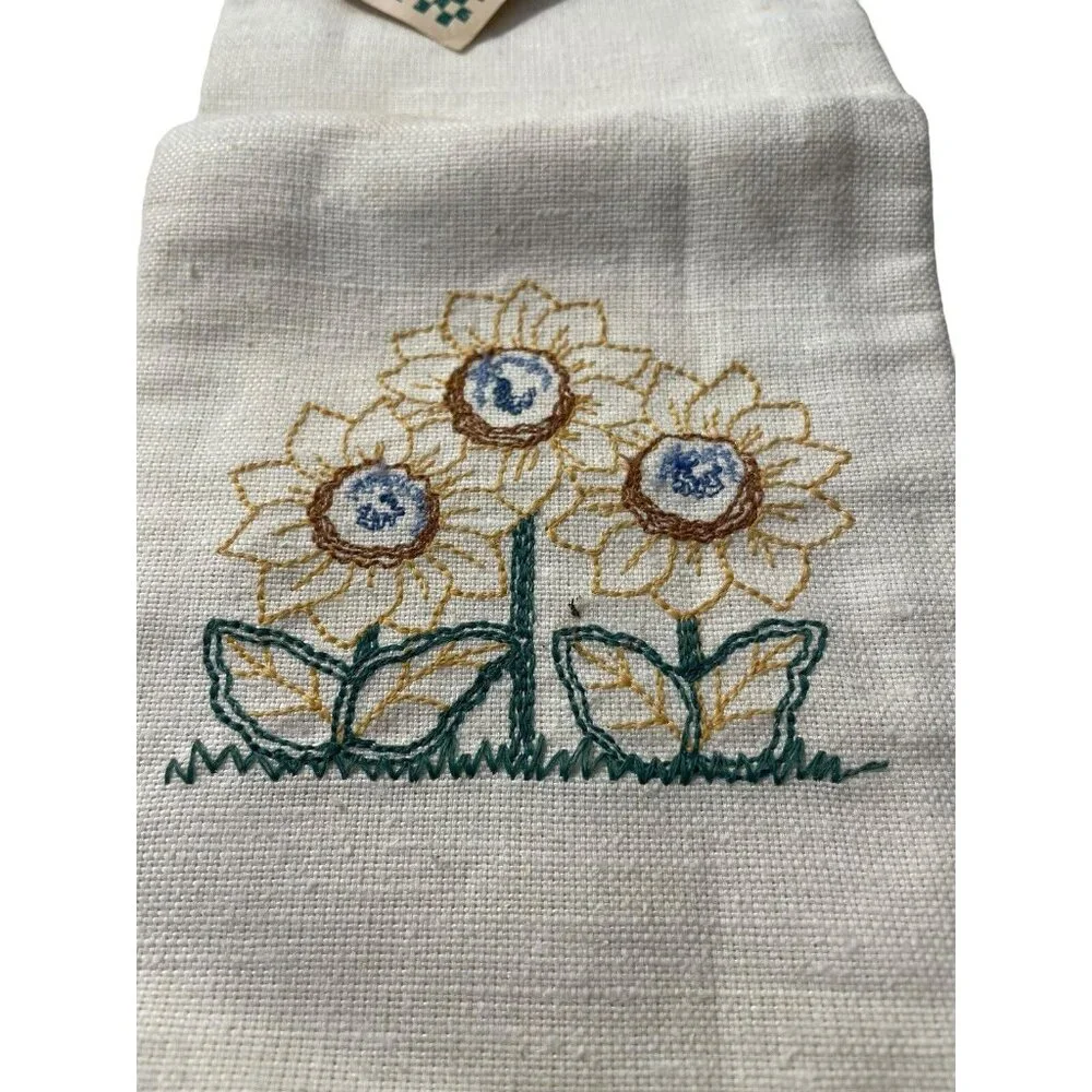 NOS Vintage‎ Lint Free Hand Tea Towel Embroidered Floral Sunflower Tan Beige